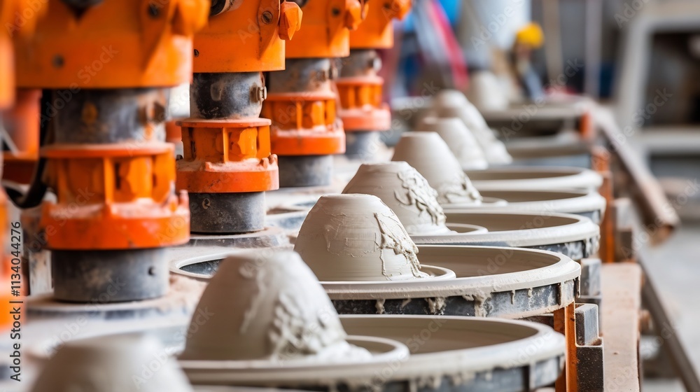 Aufkleber close up view of an automated production line where cement is being poured into molds showcasing the
