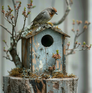 bired house, bird on a branch