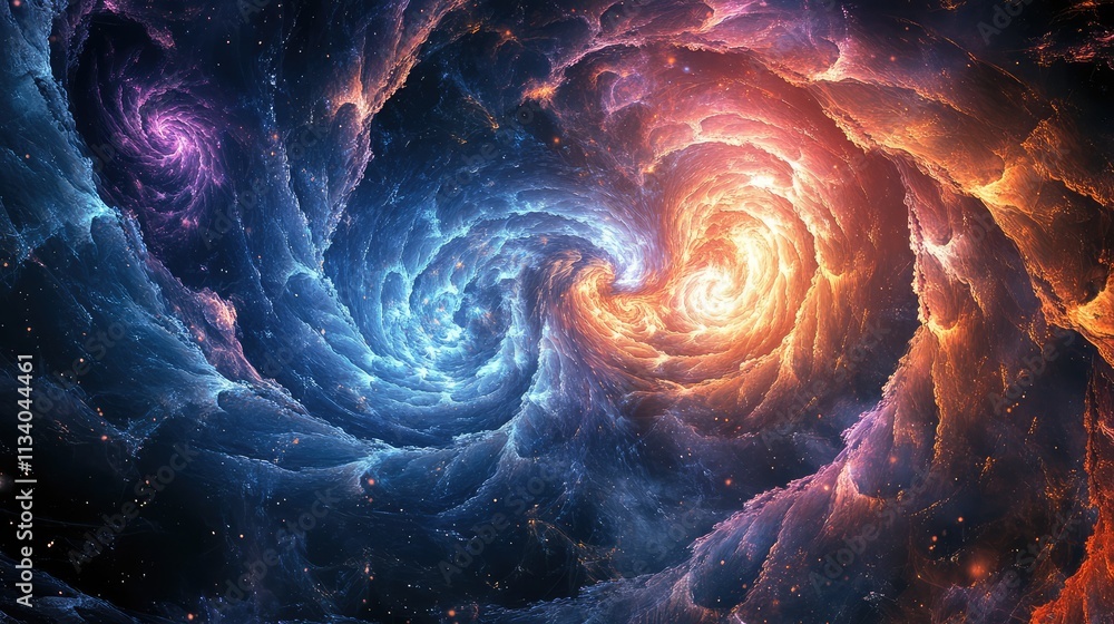 Poster an abstract fractal structure resembling an expanding galaxy, with intricate layers of spirals and g