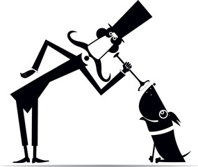 Male veterinarian examining a dog. 
Funny long mustache man in the top hat examining a smiling dog by endoscope. Black and white illustration
