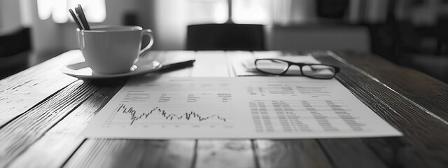 Analyzing financial data with coffee and glasses on a wooden table in a modern office environment