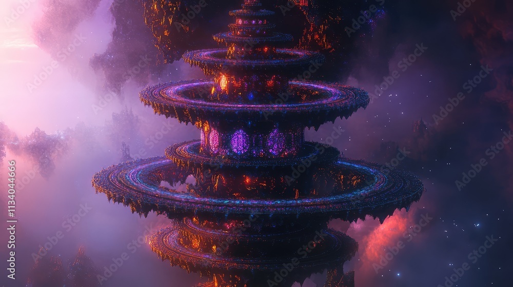Aufkleber an abstract fractal structure resembling an expanding galaxy, with intricate layers of spirals and g