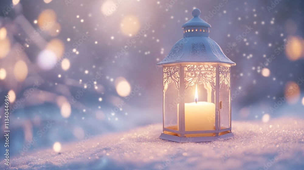 Poster a lantern with a candle glows softly in a snowy landscape.