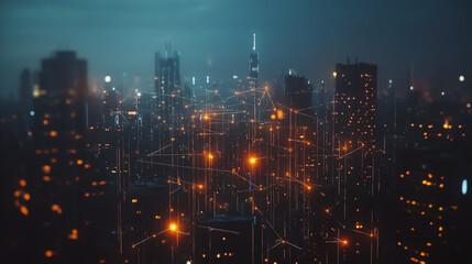 Fototapeta premium Smart digital Innovation city with connection network reciprocity over the cityscape. of future smart wireless digital city and social media networking systems that connects people with in city
