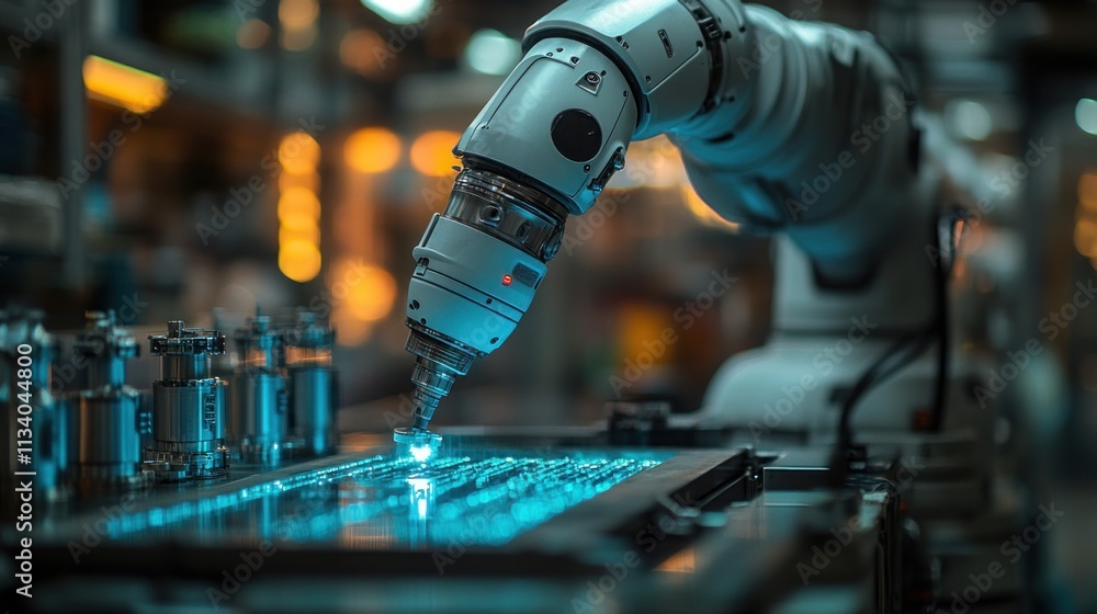 Poster a robotic arm working on a high-tech assembly line, showcasing automation in industry.