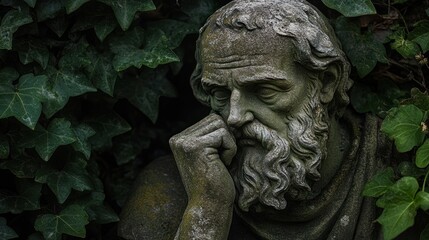 Fototapeta premium Weathered stone statue of pensive old man, hidden by overgrown ivy.