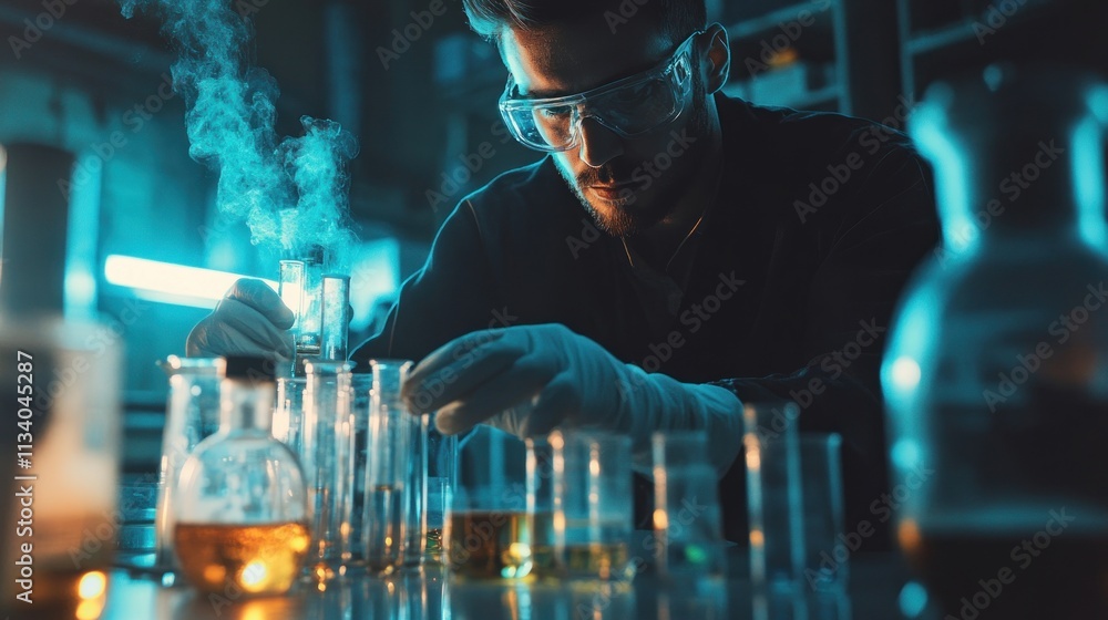 Poster a scientist conducts experiments in a dimly lit lab, using glassware and observing reactions.