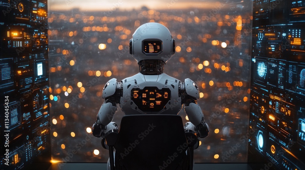Poster futuristic robot sits before large screens displaying city data at sunset.