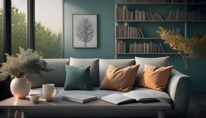 Depression and therapy concepts: Cozy therapy couch, books and calming tea, tranquil lighting.