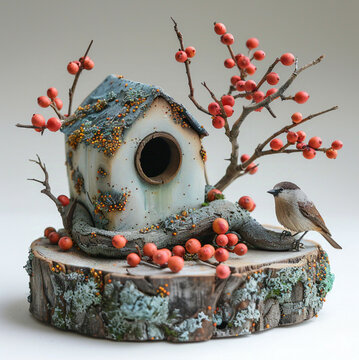 bired house, bird on a branch