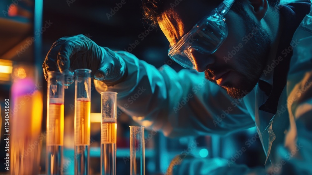 Poster a scientist conducts experiments with test tubes in a laboratory setting.