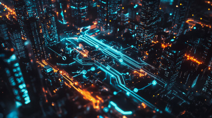 Naklejka premium Smart digital Innovation city with connection network reciprocity over the cityscape. of future smart wireless digital city and social media networking systems that connects people with in city