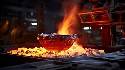 Molten steel stream flowing into a large steel ladle in a high temperature industrial environment  The scene depicts a crucial stage in the steel manufacturing process
