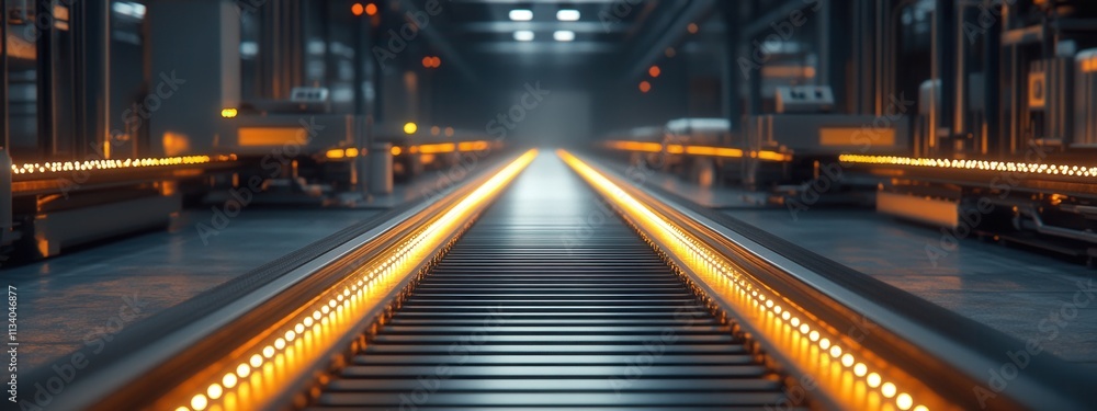 Poster efficient automated conveyor system industrial facility digital image modern environment low angle t