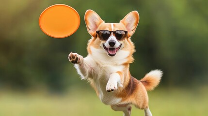 A playful corgi wearing sunglasses jumps to catch a flying frisbee in a sunny outdoor setting.