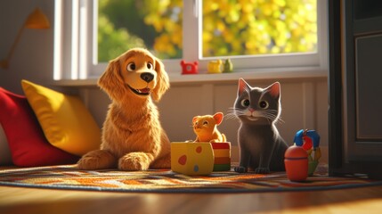 Cute dog and cat playing with toys by the window. Sunlight streams into a cozy room filled with colorful toys and pillows, showcasing a heartwarming scene of pets and play.