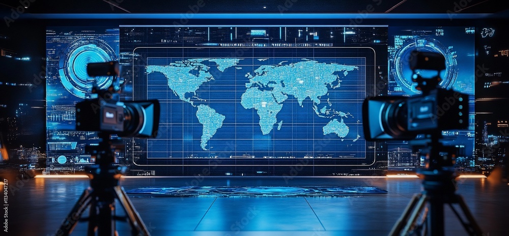 Poster A modern studio setup featuring a world map and cameras for broadcasting.