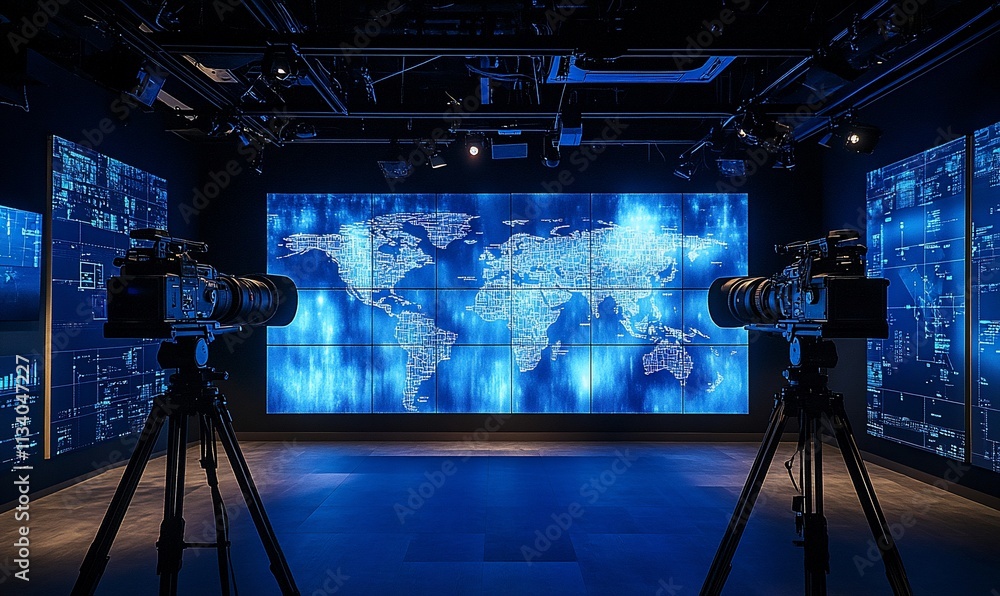 Poster a modern studio featuring a large world map display and video cameras.