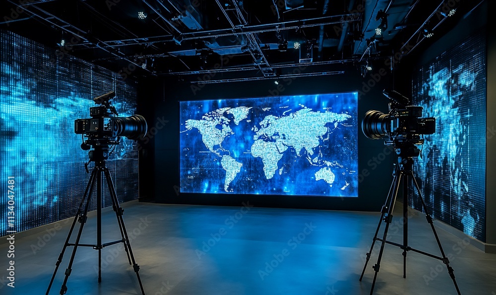 Poster A modern studio with cameras and a digital world map display.
