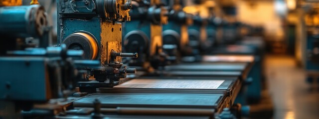 Fototapeta premium Manufacturing process in industrial facility machines and workstations high-tech environment close-up perspective