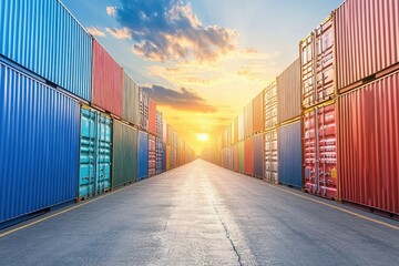 Fototapeta premium Colorful shipping containers line a road at sunset. Illustrates global trade, logistics, and transport.