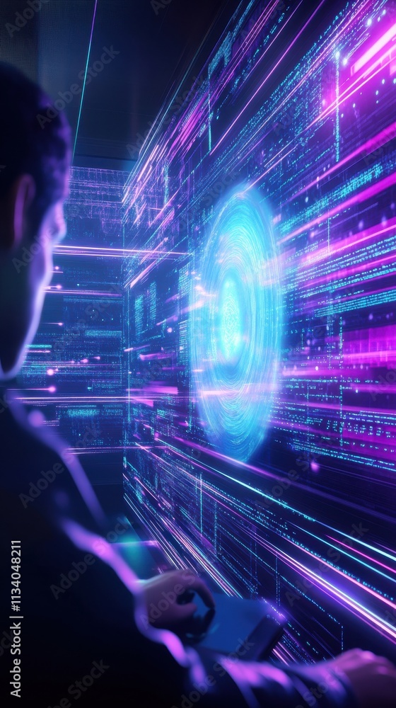 Poster futuristic digital interface with vibrant neon lines and a focused individual interacting with advan