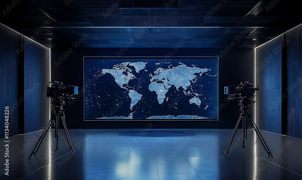 Poster a modern studio with cameras and a world map display.