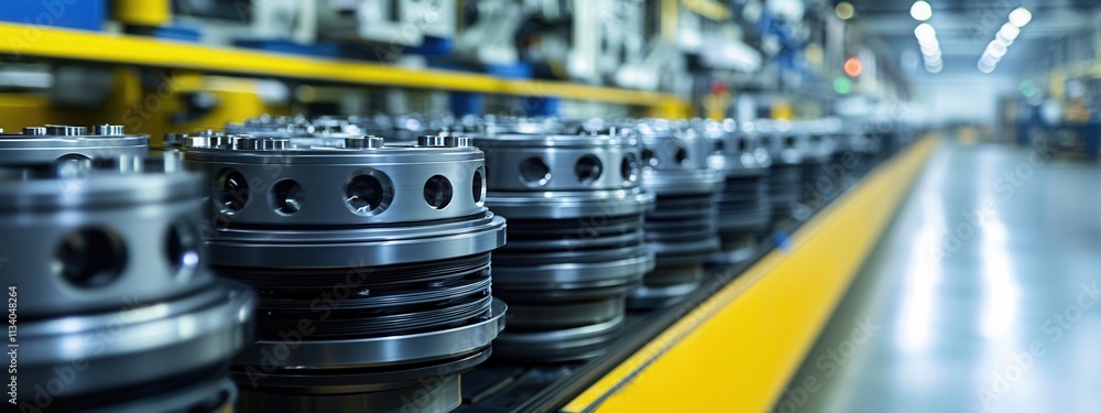Poster manufacturing process of precision engine components in industrial factory setting highlighting effi