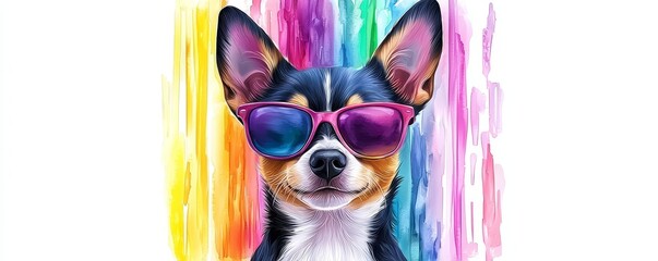 A colorful illustration of a dog wearing stylish sunglasses, exuding a fun and playful vibe against a vibrant, rainbow-like background.