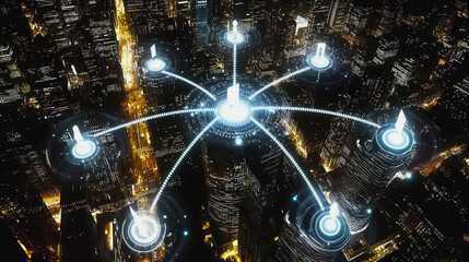 Fototapeta premium Smart digital Innovation city with connection network reciprocity over the cityscape. of future smart wireless digital city and social media networking systems that connects people with in city