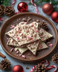 A festive plate of peppermint bark, decorated with candy canes and pinecones for holiday cheer.