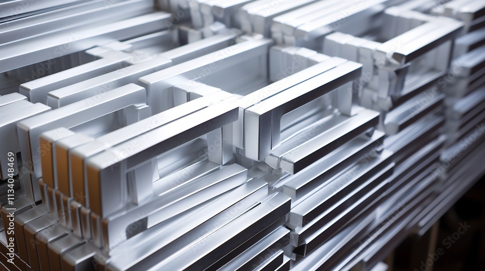 Poster close up of extruded aluminum profiles in various geometric shapes and sizes neatly stacked and orga