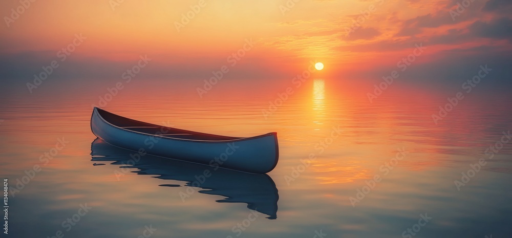 Poster a serene sunset over calm waters with a canoe gently floating.