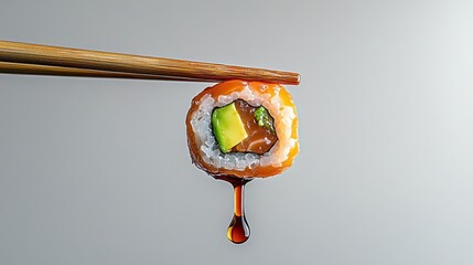 Delicious Salmon Avocado Sushi Roll with Soy Sauce Dripping from Chopsticks: A Close-Up Culinary Delight