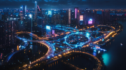 Smart digital Innovation city with connection network reciprocity over the cityscape. of future smart wireless digital city and social media networking systems that connects people with in city