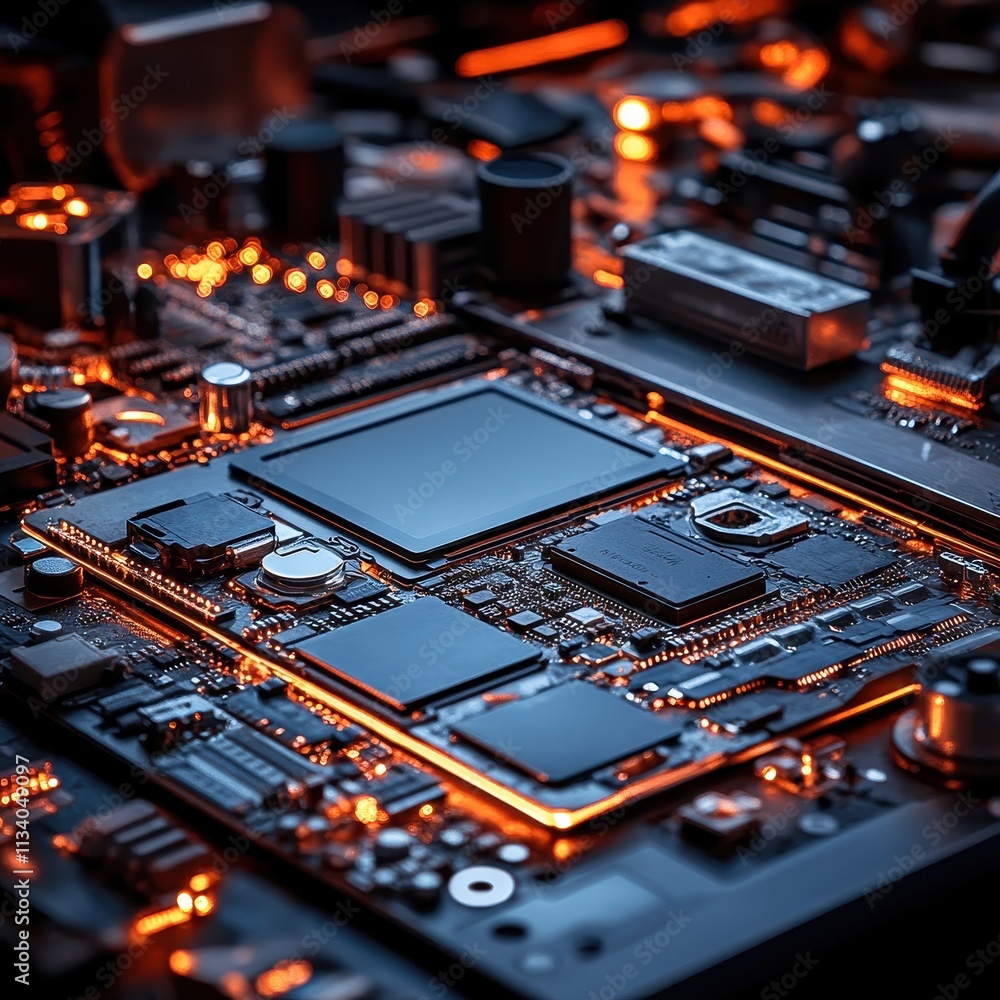 Poster a close-up view of a circuit board illuminated with orange light, showcasing intricate components an