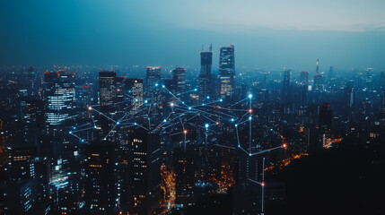 Obraz premium Smart digital Innovation city with connection network reciprocity over the cityscape. of future smart wireless digital city and social media networking systems that connects people with in city