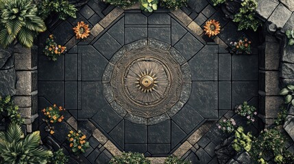 Aerial view of a sun-shaped fountain in a stone courtyard garden.