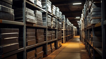 Fototapeta premium Orderly arrangement of stacked aluminum ingots under bright overhead lighting in a modern industrial storage or warehousing facility The ingots a raw material for manufacturing