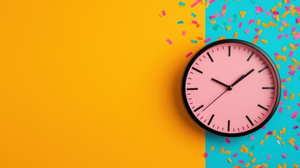 new year midnight concept. A colorful clock on a vibrant background with confetti, symbolizing time and celebration.