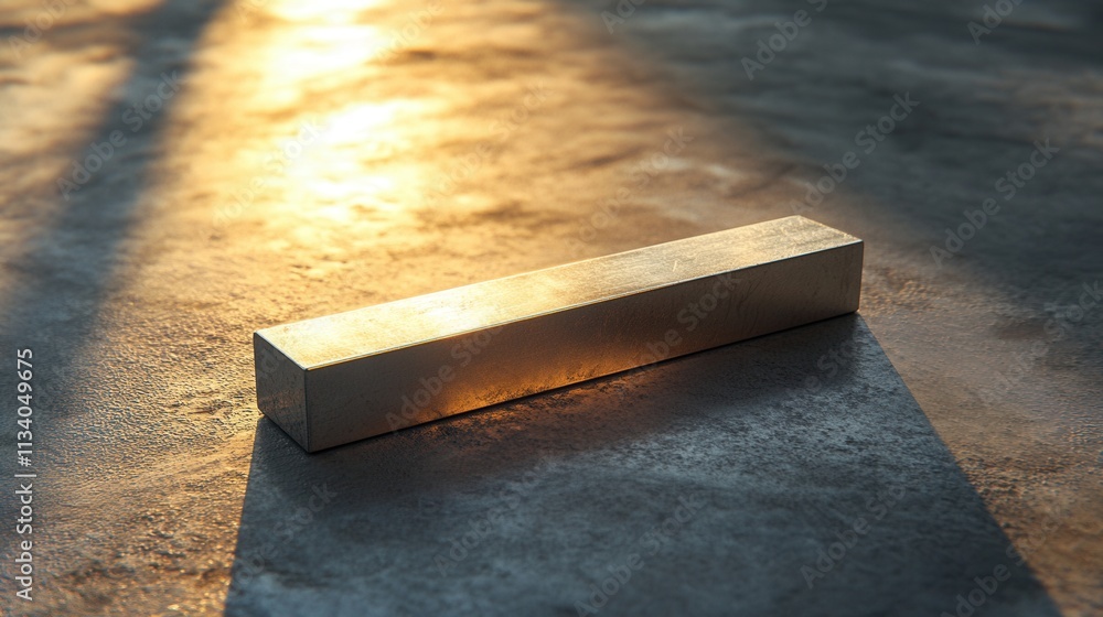 Poster illuminated metallic block on concrete surface at sunset abstract composition minimalist environment