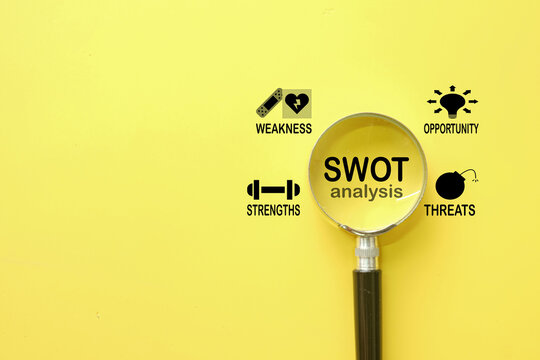 SWOT Analysis Infographic Design under magnifying glass over yellow background concept for Strategic Business Planning,Goal Setting,Organizational Planning, Marketing Insights.