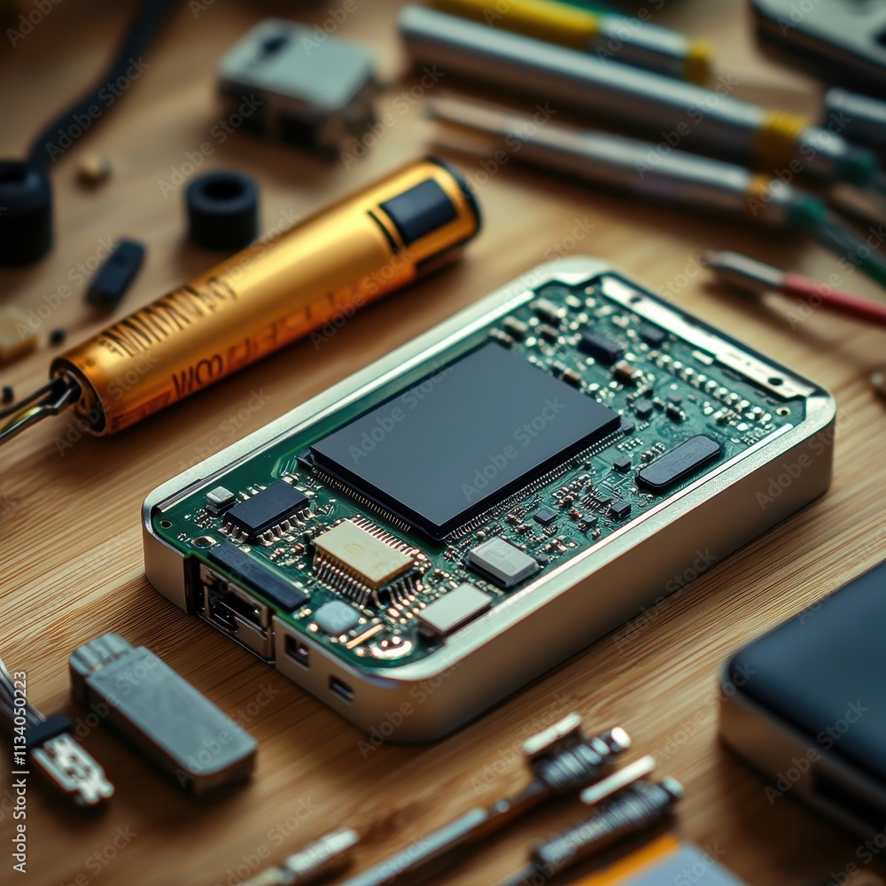 Poster a close-up of a circuit board surrounded by various electronic tools and components on a wooden surf