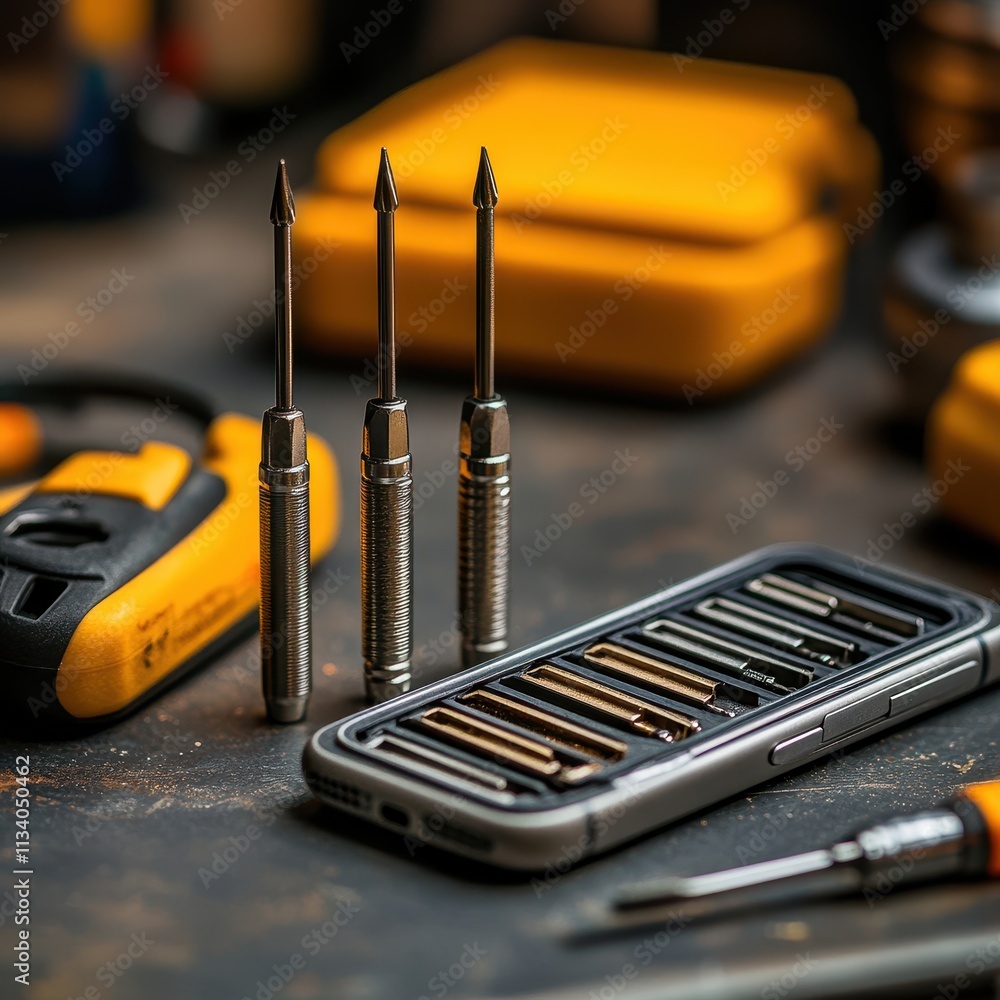 Poster a collection of precision screwdrivers and bits on a work surface, featuring vibrant yellow and meta