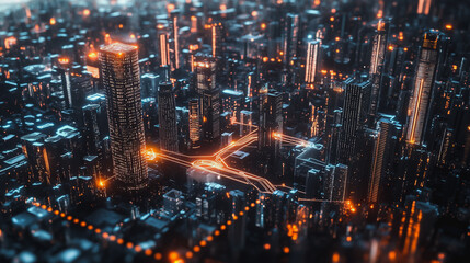 Fototapeta premium Smart digital Innovation city with connection network reciprocity over the cityscape. of future smart wireless digital city and social media networking systems that connects people with in city