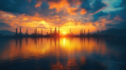 Fototapeta premium Fiery Sunset over Industrial Waterfront