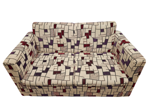 Artistic sofa adorned with unique patterns and motifs, set against a clean white background. Perfect for showcasing creative interior design and statement furniture isolated on transparent background - Powered by Adobe
