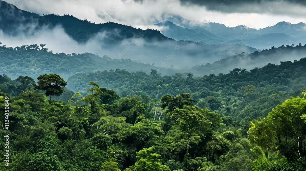 Poster a forest scene with numerous trees stretching towards a cloudy sky, a panoramic view of the amazon r