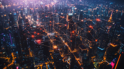Fototapeta premium Smart digital Innovation city with connection network reciprocity over the cityscape. of future smart wireless digital city and social media networking systems that connects people with in city