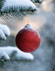 Christmas - Red Sphere Hanging On Fir Tree in Abstract Snowy Background